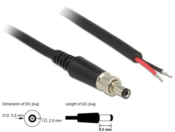 Delock - Strømkabel - DC-jackstik 5,5 mm x 9,5 mm (ID: 2,5 mm) (han) til uisoleret ledning - 18 V - 2 A - 95 cm - lajittelu
