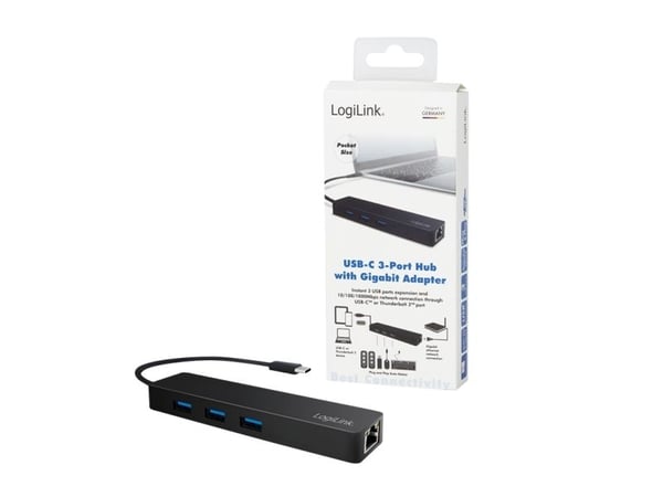 LogiLink UA0313, USB 3.2 Gen 1 (3.1 Gen 1) Type-C, RJ-45,USB 3.2 Gen 1 (3.1 Gen 1) Type-A, 5000 Mbit/s, Sort, Gigabit Ethernet, 319 mm