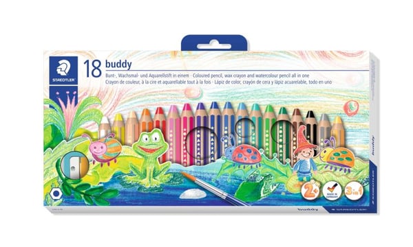 STAEDTLER buddy 3 in 1 - Fargeblyant - voks - for glass, kartong - assorterte farger - 9.5 mm (en pakke 18)