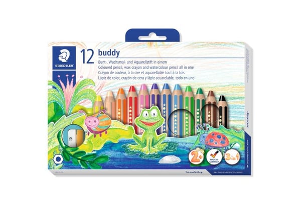 STAEDTLER buddy 3 in 1 - Vannfargeblyant - voks - for glass, kartong - assorterte farger (en pakke 12)