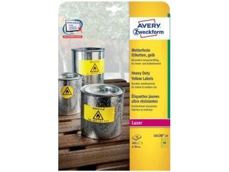 Avery Zweckform L6128-20, Gult, Sirkel, A4, Polyester, Laser, -20 - 80 °C