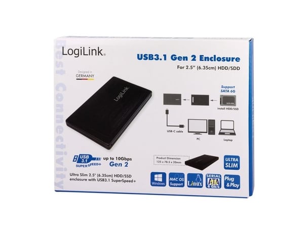 LogiLink UA0292, HDD/SSD-kabinett, 2.5", SATA, Serial ATA II, Serial ATA III, 10 Gbit/s, USB-tilkobling, Sort