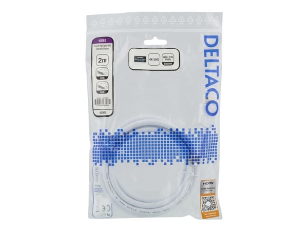 DELTACO HDMI-1020AD - HDMI-kabel med Ethernet - HDMI hann til HDMI hann - 2 m - hvit - 4K-støtte