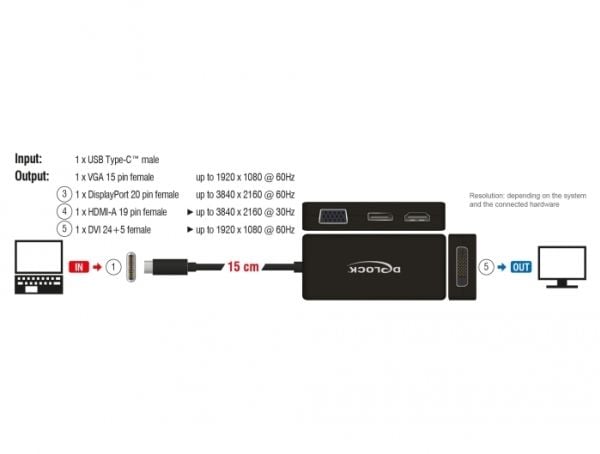 Delock - Ekstern videoadapter - USB-C - DVI, HDMI, DisplayPort, VGA - svart