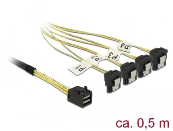 Delock - SATA/SAS-kabel - SAS 6Gbit/s - 4 x Mini SAS HD (SFF-8643) (P) til SATA (R) vinklet - 50 cm