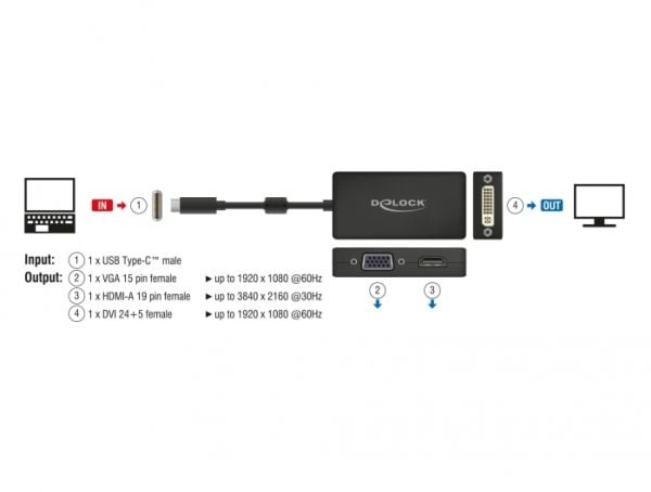 Delock - Ekstern videoadapter - USB-C - DVI, HDMI, VGA - svart