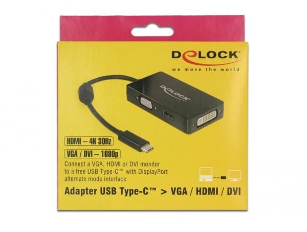 Delock - Ekstern videoadapter - USB-C - DVI, HDMI, VGA - svart