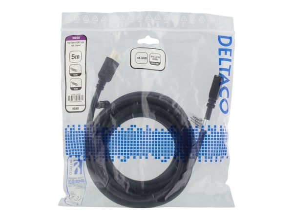 DELTACO HDMI-1050D - HDMI-kabel med Ethernet - HDMI hann til HDMI hann - 5 m - svart - 4K-støtte