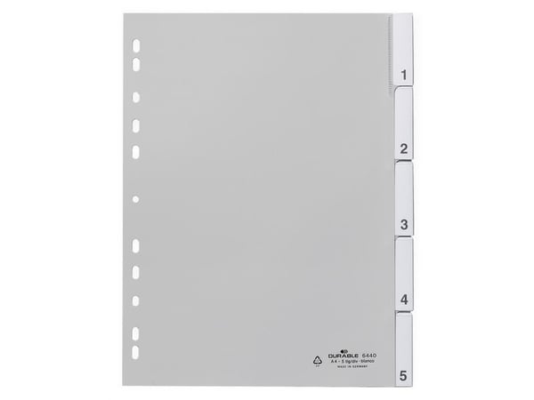 Durable 6440, Numerisk faneindeks, Polypropylen (PP), Grå, Portrett, A4, 230 mm