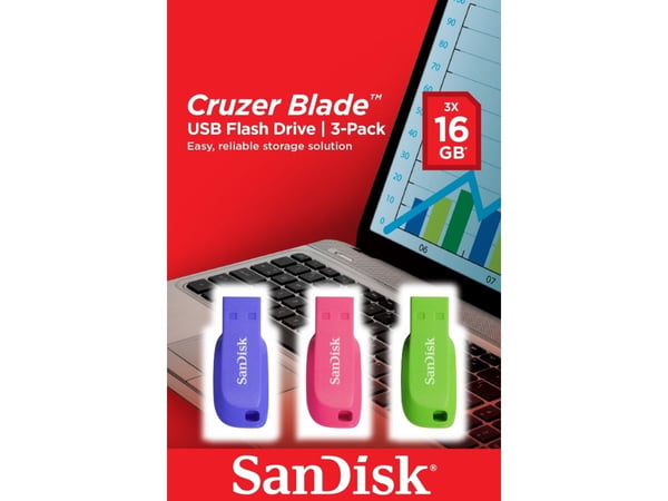 SanDisk Cruzer Blade - USB-flashstasjon - 16 GB - USB 2.0 - blå, grønn, rosa (en pakke 3)