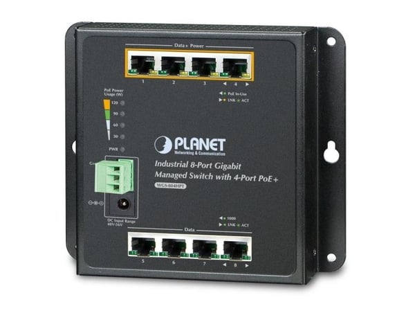 PLANET WGS-804HPT - Switch - Styrt - 4 x 10/100/1000 (PoE+) + 4 x 10/100/1000 - DIN-skinnemonterbar, veggmonterbar - PoE+ (144 W) - DC-strøm