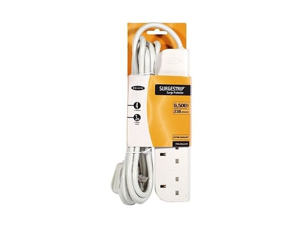 Belkin E-Series 4 Socket, 3-Metre SurgeStrip, 238 J, 4 AC-pistorasia(a), 230 V, 50 Hz, Valkoinen, 3 m