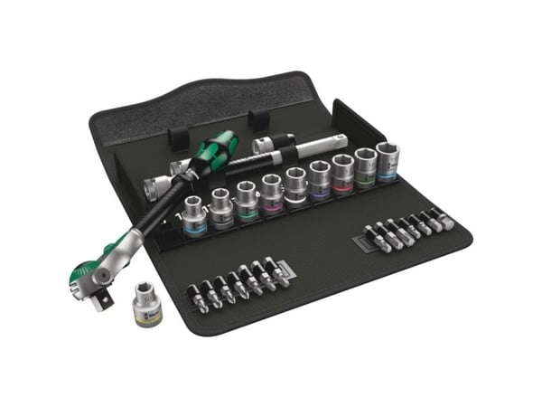 Wera Tools 8100 SC 6, stikkontaktsett, 28 stk, svart, grønn, skrallehåndtak, 1 stk, 1/2"