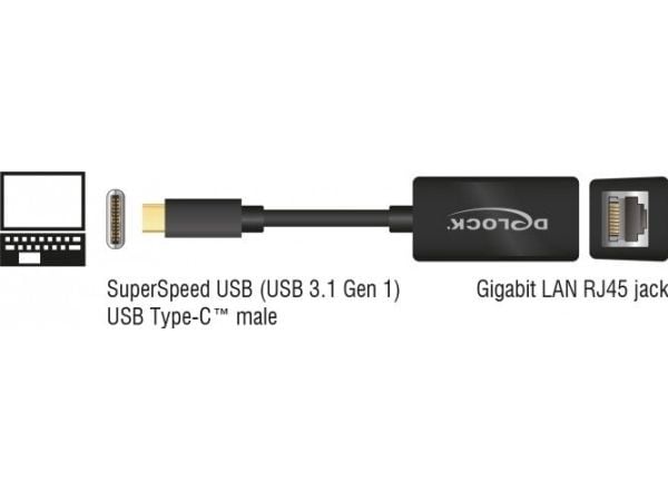 Delock - Nettverksadapter - USB-C 3.1 - Gigabit Ethernet x 1 - svart