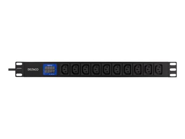 Deltaco 19" virtapaneeli, 10x IEC C13, 2500W, virta- ja jännitemittari, 2 m, Sisätila, C13 liitin, C14 liitin, Musta, Kiina