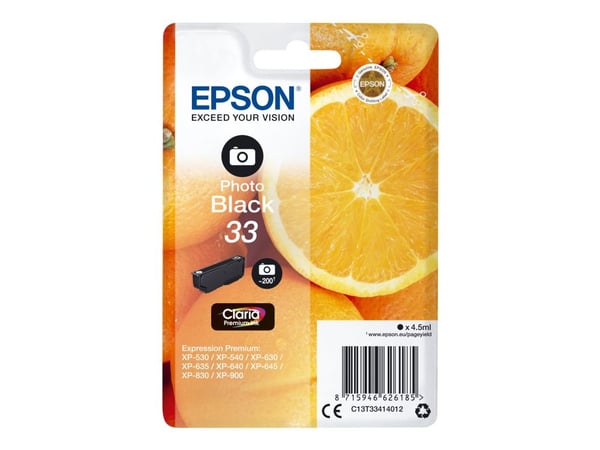 Epson Oranges 33 Appelsiinit Claria Premium, yksittäispakkaus, valokuvamusta muste, Perusvärintuotto, Musta, Väripohjainen muste, 4,5 ml, 1 kpl, 20...