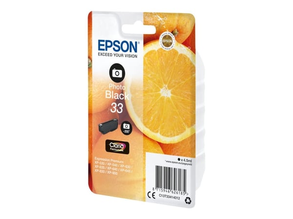 Epson Oranges 33 Appelsiinit Claria Premium, yksittäispakkaus, valokuvamusta muste, Perusvärintuotto, Musta, Väripohjainen muste, 4,5 ml, 1 kpl, 20...