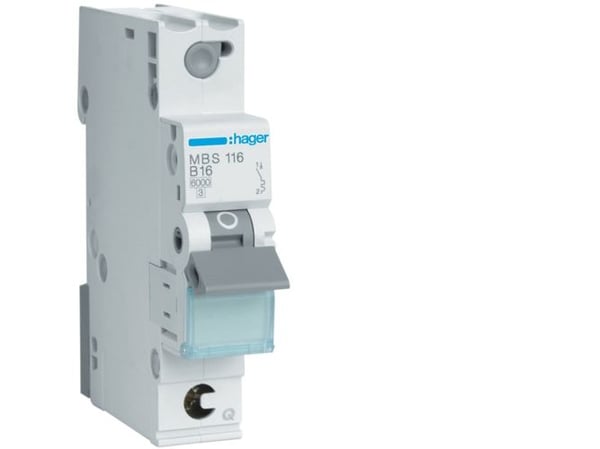 Hager MBS116, 16 A, 50 - 60 Hz, B-tyyppi, 1 moduuli(t), -25 - 60 °C, -25 - 80 °C, -25 - 80 °C Hager MBS116, 16 A, 50 - 60 Hz, B-tyyppi, 1 moduuli(t), -25 - 60 °C, -25 - 80 °C, -25 - 80 °C