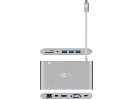 Goobay 62113, Koblet med ledninger (ikke trådløs), USB 3.2 Gen 1 (3.1 Gen 1) Type-C, 60 W, 1000 Mbit/s, Sølv, MicroSD (TransFlash), MicroSDHC, Micr...