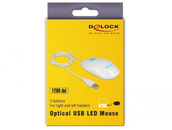 Delock - Mus - høyre- og venstrehåndet - optisk - 3 knapper - kablet - USB - glanshvit - løsvekt