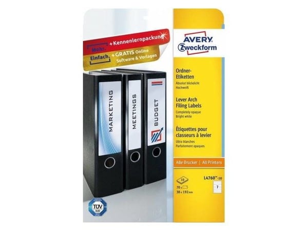 Avery L4760-10, Hvit, Avrundet rektangel, Permanent, 38 x 192 mm, A4, Ringperm