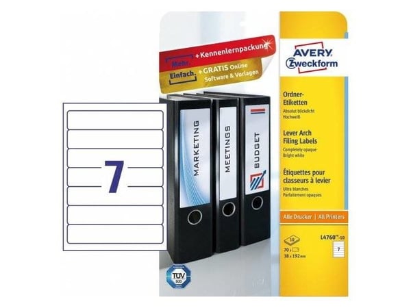 Avery L4760-10, Hvit, Avrundet rektangel, Permanent, 38 x 192 mm, A4, Ringperm