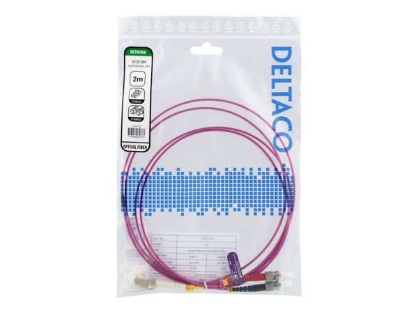 DELTACO - Koblingskabel - LC/UPC-multimodus (hann) til ST/UPC-multimodus (hann) - 2 m - fiberoptisk - dupleks - 50 / 125 mikroner - OM4 - rosa