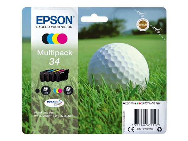 Epson Golf ball Multipack 4-colours 34 DURABrite Ultra Ink, Perusvärintuotto, Musta, Syaani, Magenta, Keltainen, Väriainepohjainen muste, 6,1 ml, 4...