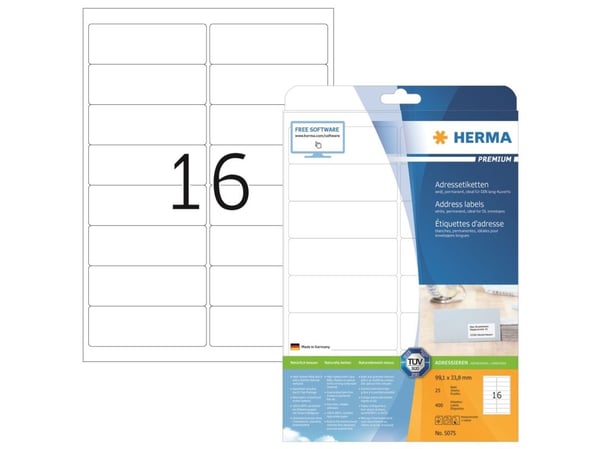 HERMA Premium - Papir - matt - permanent selv-adhesiv - hvit - 99.1 x 33.8 mm 400 etikett(er) (25 ark x 16) laminerte adresseetiketter