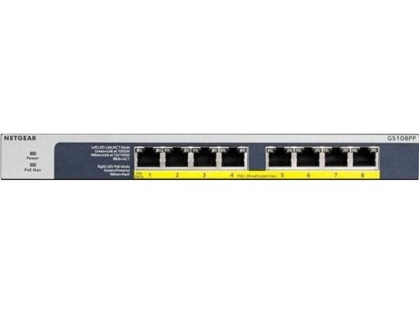 NETGEAR GS108PP - Switch - 8 x 10/100/1000 (PoE+) - stasjonær, rackmonterbar, veggmonterbar - PoE+ (123 W) - DC-strøm