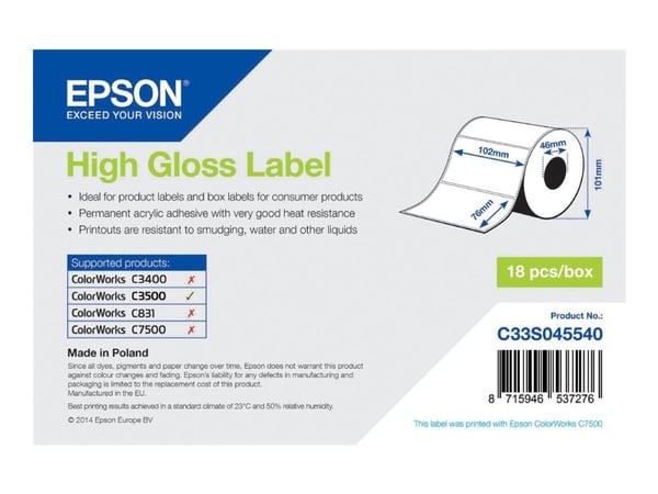 Epson - Korkeakiiltoinen - 102 x 76 mm 415 tarraa (1 rulla (1 rulla) x 415) leikattu etiketti - ColorWorks CW-C4000E (BK), CW-C4000E (MK); TM C3500...