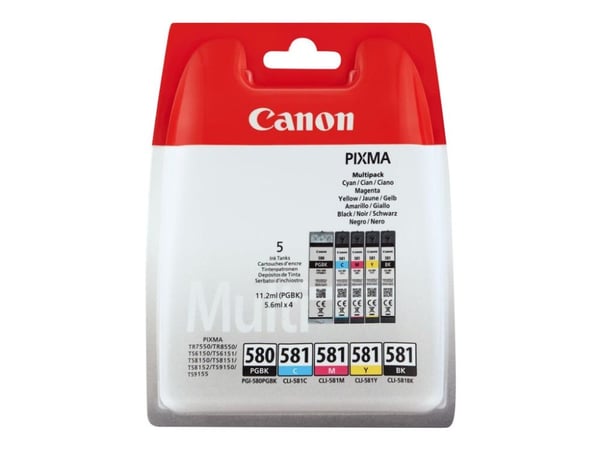 Canon PGI-580/CL-581, Perusvärintuotto, Musta, Syaani, Magenta, Keltainen, 11,2 ml, 5,6 ml, 5 kpl, Monipakkaus