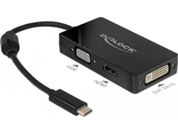 Delock - Ekstern videoadapter - USB-C - DVI, HDMI, VGA - svart