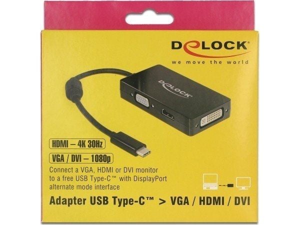 Delock - Ekstern videoadapter - USB-C - DVI, HDMI, VGA - svart