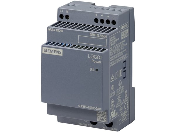 SIEMENS LOGO!Power 24V / 2,5A tulo: 100-240V AC lähtö: 24V / 2,5A DC