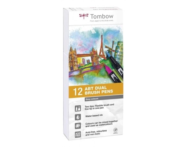 Tombow ABT-12P-3, Fint, 12 farger, Sort, Grå, Hvit, Flerfarget, Rund, Vann-basert blekk