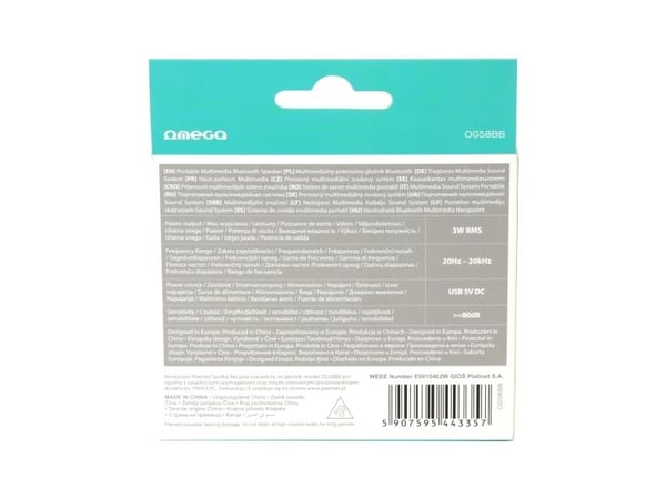 Omega OG58BB, 3 W, 20 - 20000 Hz, 80 dB, Trådløs, Sort, Nettbrett/Smarttelefon