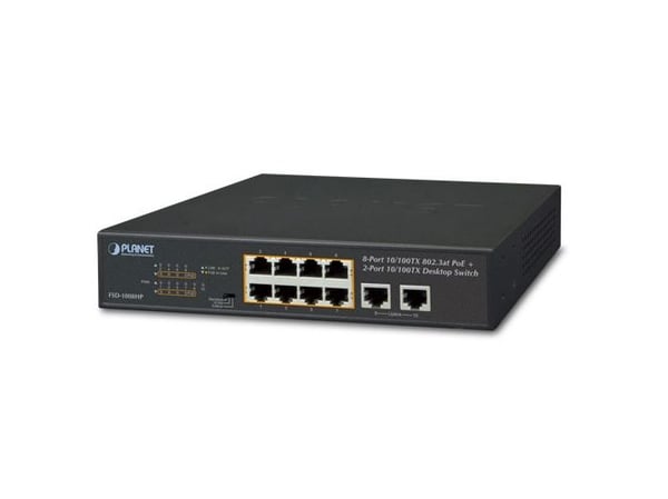 PLANET FSD-1008HP, Hallitsematon, Fast Ethernet (10/100), Täysin kaksipuolinen, Power over Ethernet -tuki, Telineasennus, 1U