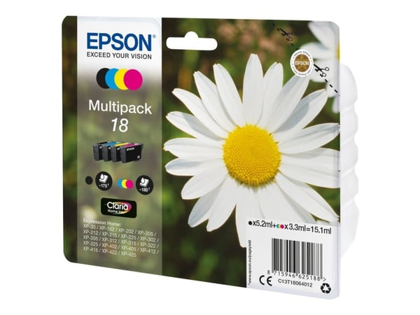 Epson 18 Multipack - 4-pack - 15.1 ml - svart, gul, cyan, magenta - original - blære med RF/lyd-alarm - blekkpatron - for Expression Home XP-212, 2...