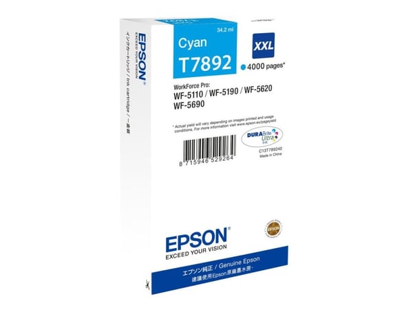 Epson T7892 - 34.2 ml - XXL-størrelse - cyan - original - blekkpatron - for WorkForce Pro WF-5110DW, WF-5190DW, WF-5190DW BAM, WF-5620DWF, WF-5690D...