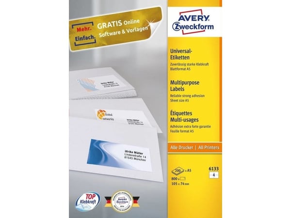 Avery Zweckform 6133, Hvit, Rektangel, Permanent, 105 x 74 mm, A5, Universell