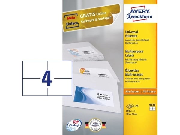Avery Zweckform 6133, Hvit, Rektangel, Permanent, 105 x 74 mm, A5, Universell