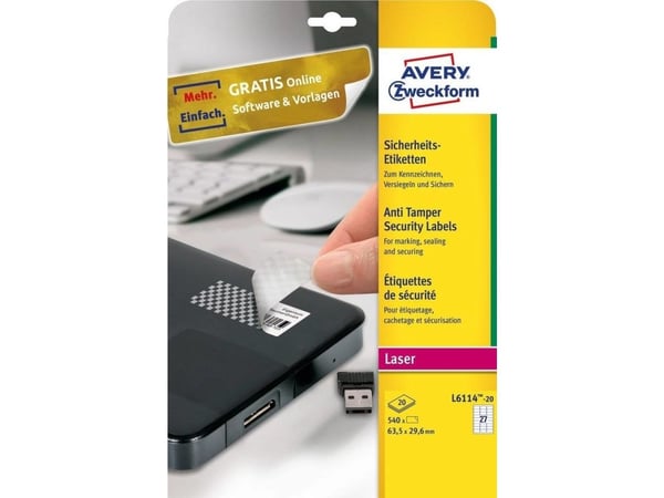 Avery Anti-tamper Label - Polymer - hvit - 29.6 x 63.5 mm 540 stk (20 ark x 27) merkelapper