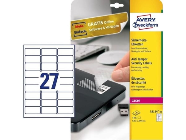 Avery Anti-tamper Label - Polymer - hvit - 29.6 x 63.5 mm 540 stk (20 ark x 27) merkelapper