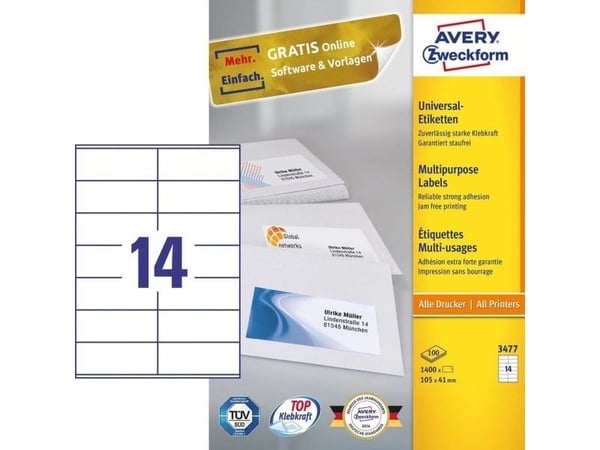 Avery - Hvit - 105 x 41 mm 1400 etikett(er) (100 ark x 14) flerbruks merkelapper