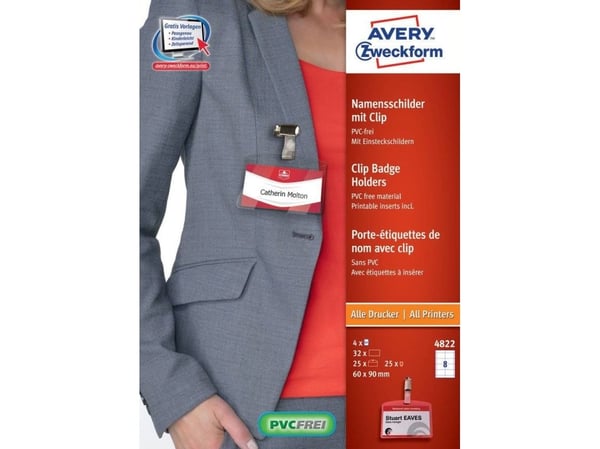 AVERY Zweckform navneskilt med klips, 90 x 60 mm gjennomsiktig, laget av PVC-fritt materiale, festes med klips (4822)
