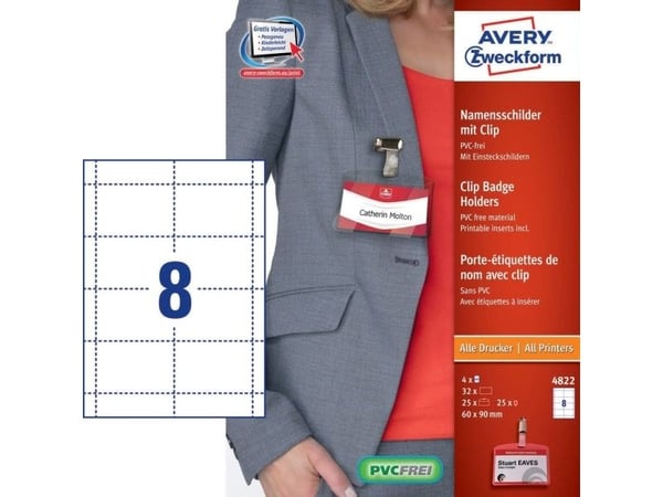 AVERY Zweckform navneskilt med klips, 90 x 60 mm gjennomsiktig, laget av PVC-fritt materiale, festes med klips (4822)