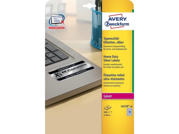 Avery Heavy Duty Laser Labels - Polyester - permanent selvklebende - sølv - 30 mm rund 960 etikett(er) (20 ark x 48) film