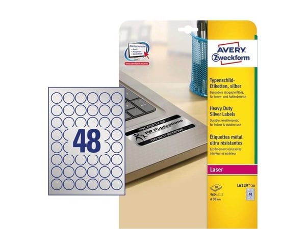 Avery Heavy Duty Laser Labels - Polyester - permanent selvklebende - sølv - 30 mm rund 960 etikett(er) (20 ark x 48) film