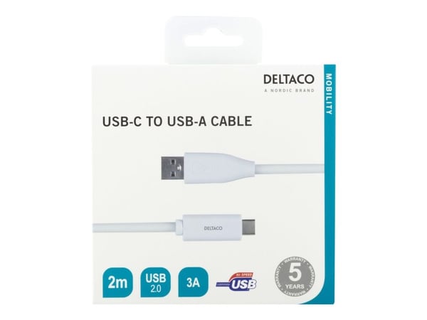 Deltaco USBC-1011M, 2 m, USB C, USB A, USB 2.0, Valkoinen